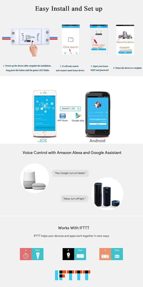 Melfi Smart WiFi Switch Wireless Remote Control 10A-240VAC DIY Your Home via Compatible with Alexa, Google Home, Life APP for iOS & Android, Suit Hotel Office - Pack of 1 - Image 7