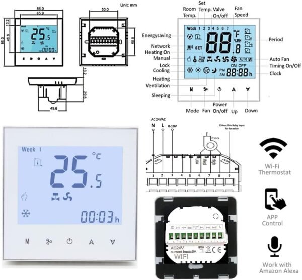 Melfi SQUARE Series WiFi Room AC Smart Thermostat for 0-10VDC Modulating Chiller Water Ac Systems 24VAC With Alexa Google Home IFTTT Support, Compatible for Honeywell T6865, Seimens RDF340 etc - Image 7