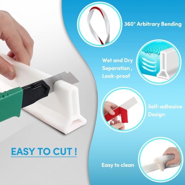 Poaker Silicone Floor Water Barrier, Waterproof Self-adhesive Bathroom Floor Seal Shower Dam Prevents Overflow of Water, Sink Edging Seal Strip, Wet & Dry Separation - Image 6