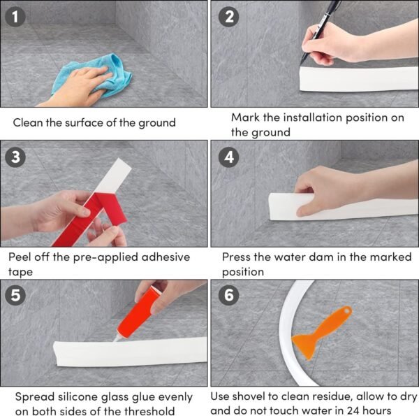 Poaker Silicone Floor Water Barrier, Waterproof Self-adhesive Bathroom Floor Seal Shower Dam Prevents Overflow of Water, Sink Edging Seal Strip, Wet & Dry Separation - Image 2