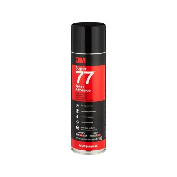 3M Super 77 Multi-Purpose Spray Adhesive – Quick-drying permanent spray glue for paper, fabric, plastic, metal, wood and more - 1 x 500 ml clear adhesive 500ml/349g