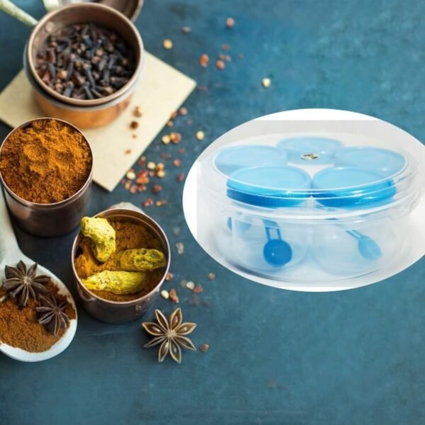 Biella™ Traditional Round Plastic Stylish Box Masala Spices Jar Organiser For Kitchen Has 5 Small Containers With 5 Spoons - Image 5
