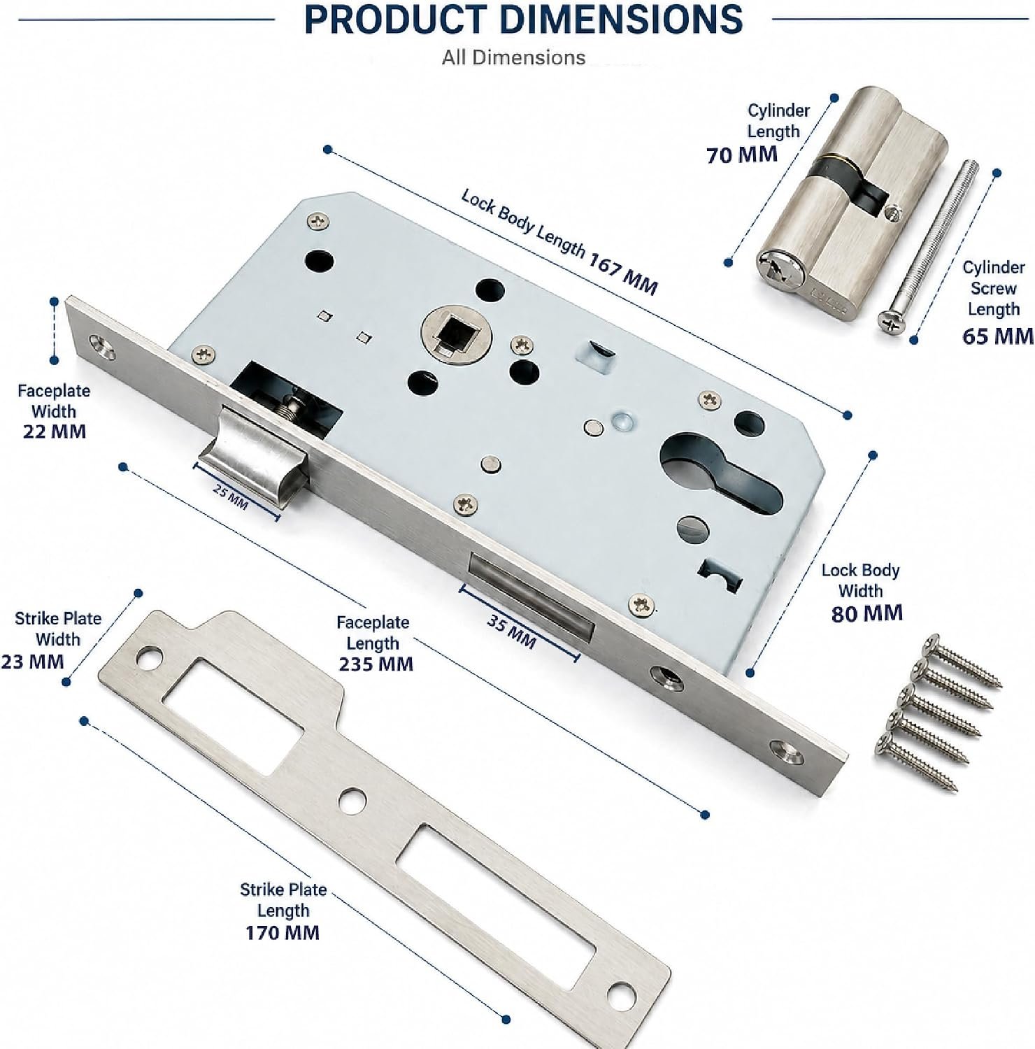 Biella Mortise Stainless Steel Door Lock Body with Cylinder, Strike Plate, Along with 5 Keys (Pack Of 1) - Image 2