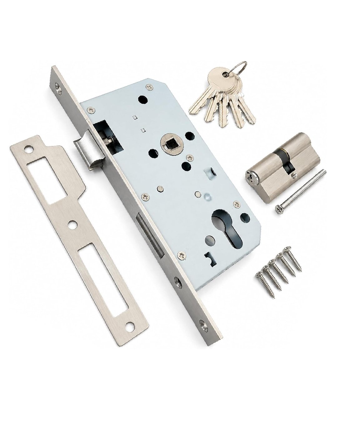 Biella Mortise Stainless Steel Door Lock Body with Cylinder, Strike Plate, Along with 5 Keys (Pack Of 1)
