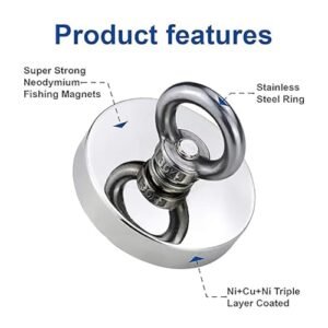 VITION Super Strong Neodymium Fishing Magnet 42mm, 55kg Pulling Force Rare Earth Magnet with Countersunk Hole Eyebolt for Retrieving in River and Magnetic Fishing