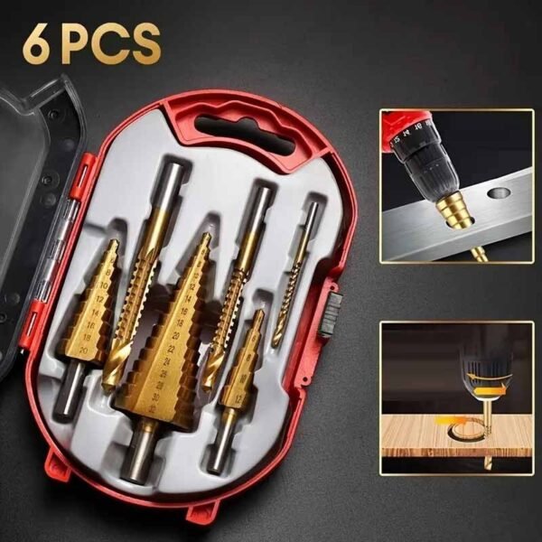 6pcs Titanium-Coated Step Drill Bit Set, High-Speed Reamer Sawtooth Cutter, Multi-Size Stepped Drill Bits 4-12/4-20/4-32mm and 3/6/8mm - Durable, Suitable for Metal Sheet, Tile, Glass, Versatile Woodworking and Metal Drilling - Precision Wood and Metal Core Drilling - Image 4