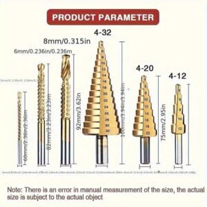 6pcs Titanium-Coated Step Drill Bit Set, High-Speed Reamer Sawtooth Cutter, Multi-Size Stepped Drill Bits 4-12/4-20/4-32mm and 3/6/8mm - Durable, Suitable for Metal Sheet, Tile, Glass, Versatile Woodworking and Metal Drilling - Precision Wood and Metal Core Drilling