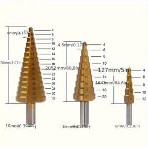 6pcs Titanium-Coated Step Drill Bit Set, High-Speed Reamer Sawtooth Cutter, Multi-Size Stepped Drill Bits 4-12/4-20/4-32mm and 3/6/8mm - Durable, Suitable for Metal Sheet, Tile, Glass, Versatile Woodworking and Metal Drilling - Precision Wood and Metal Core Drilling