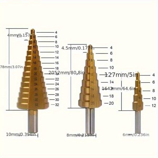 6pcs Titanium-Coated Step Drill Bit Set, High-Speed Reamer Sawtooth Cutter, Multi-Size Stepped Drill Bits 4-12/4-20/4-32mm and 3/6/8mm - Durable, Suitable for Metal Sheet, Tile, Glass, Versatile Woodworking and Metal Drilling - Precision Wood and Metal Core Drilling - Image 7