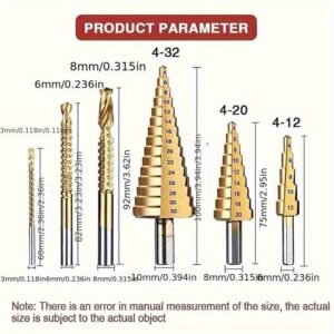 6pcs Titanium-Coated Step Drill Bit Set, High-Speed Reamer Sawtooth Cutter, Multi-Size Stepped Drill Bits 4-12/4-20/4-32mm and 3/6/8mm - Durable, Suitable for Metal Sheet, Tile, Glass, Versatile Woodworking and Metal Drilling - Precision Wood and Metal Core Drilling