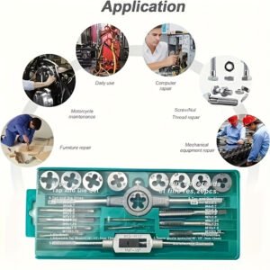 20pcs Metric Tap and Die Set - Sizes M3 to M12, Includes Wrench Handle & Storage Box for Easy Threading