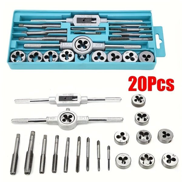 20pcs Metric Tap and Die Set - Sizes M3 to M12, Includes Wrench Handle & Storage Box for Easy Threading