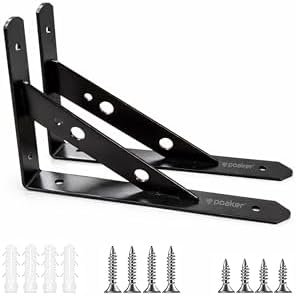 Poaker Heavy Duty Floating Shelf Brackets – Black Steel Wall-Mounted Shelf Supports with Screws and Wall Anchors, L-Shaped Brackets for Wood Shelves, Kitchen, Garage & Office (Set of 2) (20X12CM)