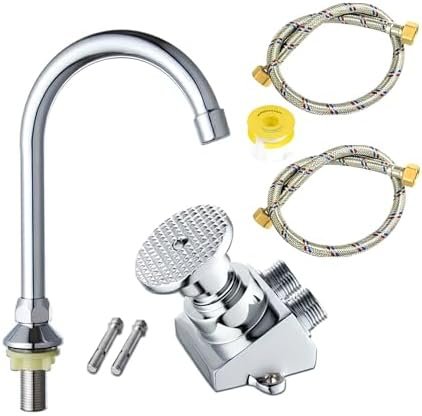Biella Pedestal Hands Free Foot Pedal Faucet Set Floor Mount Foot Control Tap Single Pedal Switch Valve Stainless Steel Foot Operated Tap for Bathrooms, Kitchen, Salons, Clinics and Labs.