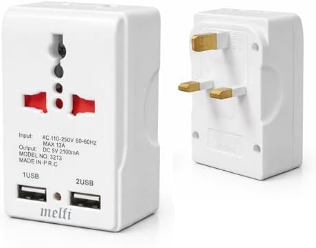 Melfi Universal Travel Adapter with Dual USB Ports 13A UK Plug – Multi Plug Socket Converter AC 110-250V with 2 USB Charging Ports for Home, Office & Travel