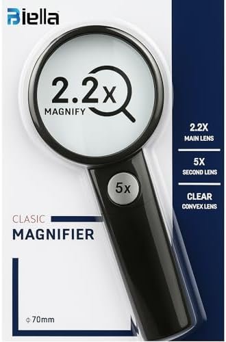Biella Classic Magnifier with Dual Lens – 2.2x Main Lens and 5x Secondary Lens, 70mm Clear Convex Glass, Handheld Reading Magnifying Glass for Books, Maps, Crafts and Inspection.