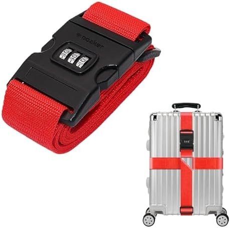 Poaker Red Luggage Strap with 3 Digit Combination Lock Adjustable Travel Packing Belt with Secure Password Lock for Suitcases and Bags Travel Essentials for Luggage Safety
