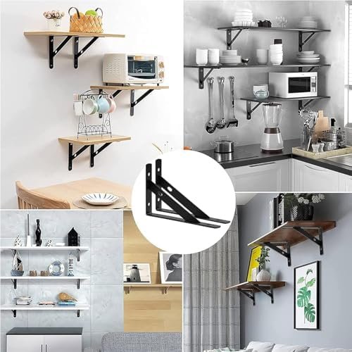 Poaker Heavy Duty Floating Shelf Brackets – Black Steel Wall-Mounted Shelf Supports with Screws and Wall Anchors, L-Shaped Brackets for Wood Shelves, Kitchen, Garage & Office (Set of 2) (20X12CM) - Image 4