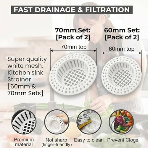 Biella 4 PCS Drain Filter Set for Kitchen and Bathroom Sinks, 70mm and 60mm Sizes, Anti-Clogging Mesh Strainer Basket, Durable Plastic Hair Catcher - Image 3