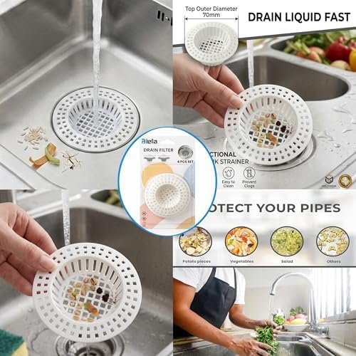 Biella 4 PCS Drain Filter Set for Kitchen and Bathroom Sinks, 70mm and 60mm Sizes, Anti-Clogging Mesh Strainer Basket, Durable Plastic Hair Catcher - Image 5