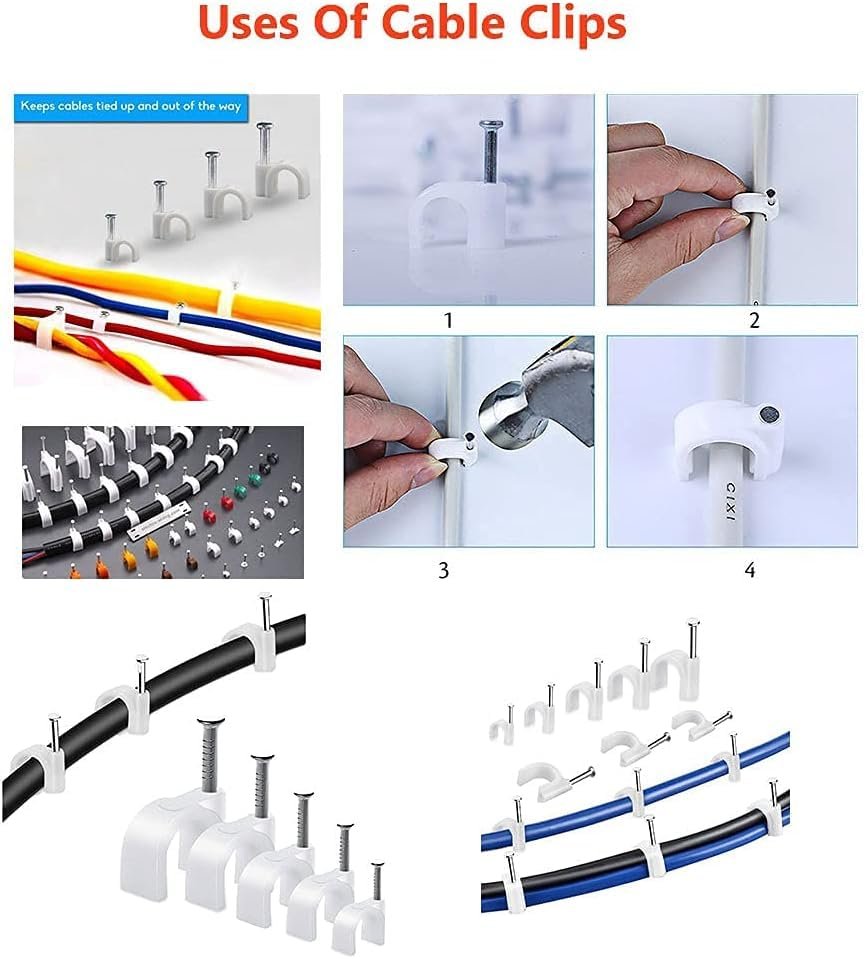 Melfi 100pcs Electrical Cable Wire Round Clips, Steel Nails Tacks Holder for Organizing Electric Wires Cables Lines - White (6mm) - Image 3
