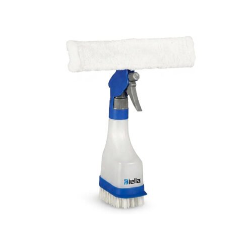 Biella 4-in-1 Window Cleaner Spray Bottle with Microfiber Pad, Squeegee & Scrub Brush – Multi-Purpose Glass Cleaning Tool