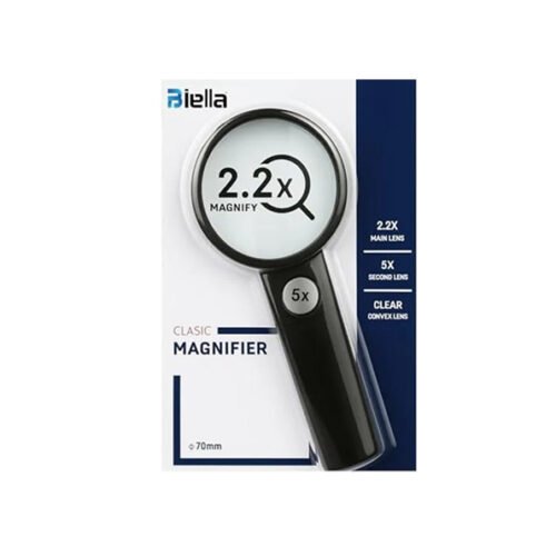 Biella Classic Magnifier with Dual Lens – 2.2x Main Lens and 5x Secondary Lens, 70mm Clear Convex Glass, Handheld Reading Magnifying Glass for Books, Maps, Crafts and Inspection.