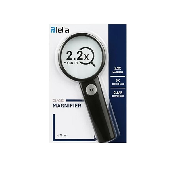Biella Classic Magnifier with Dual Lens – 2.2x Main Lens and 5x Secondary Lens, 70mm Clear Convex Glass, Handheld Reading Magnifying Glass for Books, Maps, Crafts and Inspection.
