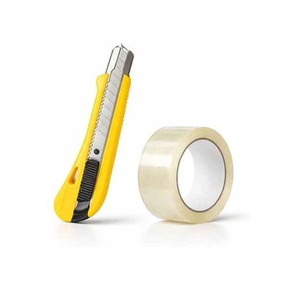 Biella Utility Knife with Clear Tape (1 PCS), Retractable Box Cutter for Cartons, Cardboard and Boxes, 18mm Wide Razor-Sharp Blade, Smooth Slide Mechanism, Ideal for Office and Home Use