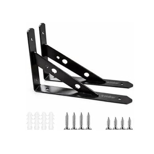 Poaker Heavy Duty Floating Shelf Brackets – Black Steel Wall-Mounted Shelf Supports with Screws and Wall Anchors, L-Shaped Brackets for Wood Shelves, Kitchen, Garage & Office (Set of 2) (20X12CM)