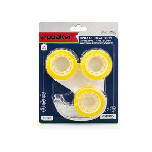 Poaker Adhesive Tape Set with Dispenser – 3 Rolls BOPP Clear Tape 18mm x 20m with Refillable Handheld Tape Cutter for Office, School and Home Use