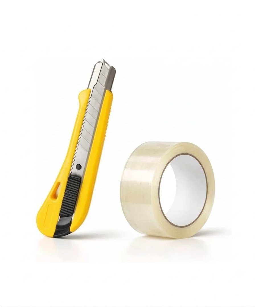 Biella Utility Knife with Clear Tape (1 PCS), Retractable Box Cutter for Cartons, Cardboard and Boxes, 18mm Wide Razor-Sharp Blade, Smooth Slide Mechanism, Ideal for Office and Home Use