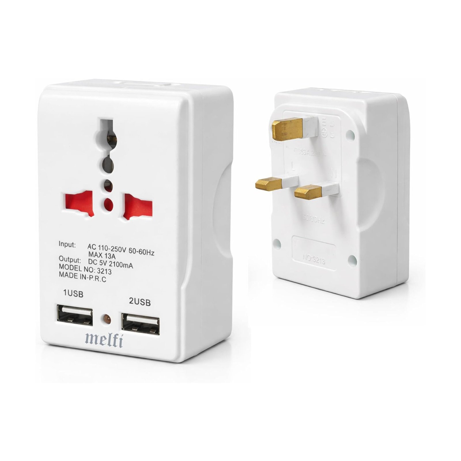 Melfi Universal Travel Adapter with Dual USB Ports 13A UK Plug – Multi Plug Socket Converter AC 110-250V with 2 USB Charging Ports for Home, Office & Travel