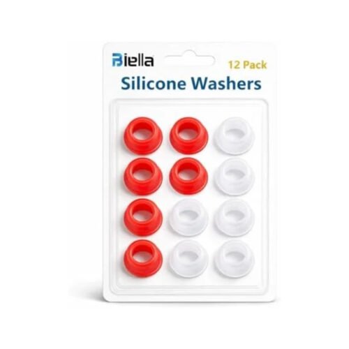 Biella Faucet Leak-Proof Sealing Gasket Set 1/2" – 12PCS Silicone Washers with Sealing Tape, Clear & Red Universal Rubber Rings for Faucet & Triangle Valve Repair, Durable Watertight Seal.