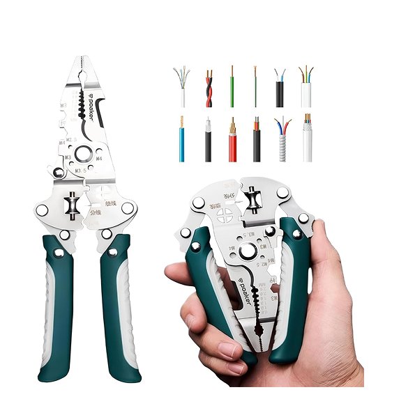POAKER Foldable Wire Stripper and Crimper – Multi-Functional Cable Cutter Pliers for Electricians, Left-Handed Design, Heavy-Duty Tool with Folding Sheath for Wiring and Stripping Tasks