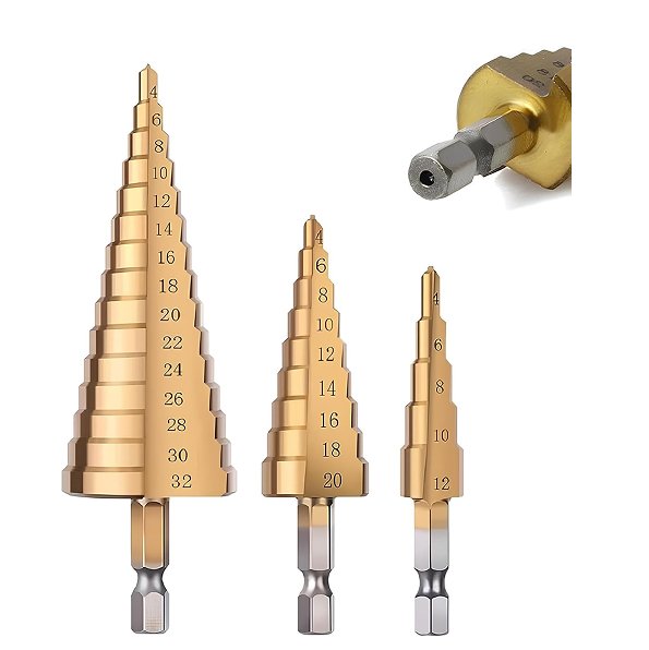 POAKER 3Pcs HSS Step Drill Bit Set (4-12mm/4-20mm/4-32mm) with Auto Center Punch – Durable Bits for Sheet Metal, Steel, Wood, Plastic and More – For Gun/Bench Drills, Use Coolant for Longer Life
