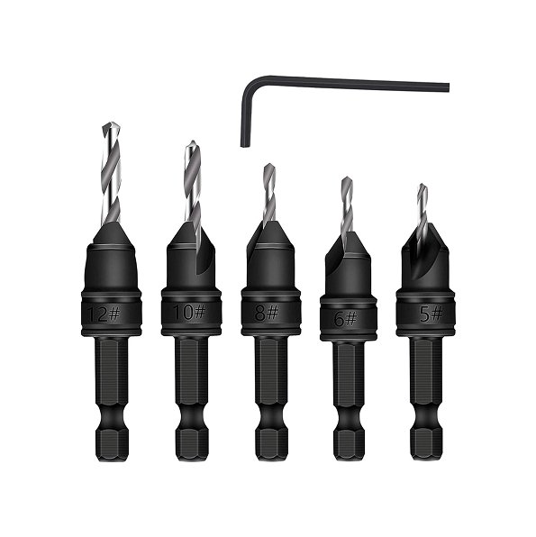 Poaker 82° 5pcs Countersink Drill Bit Set for Wood – Quick-Change Chamfered Adjustable Drilling Tool Kit with Pilot for Deeper Counterbore Holes and Woodworking Flexibility