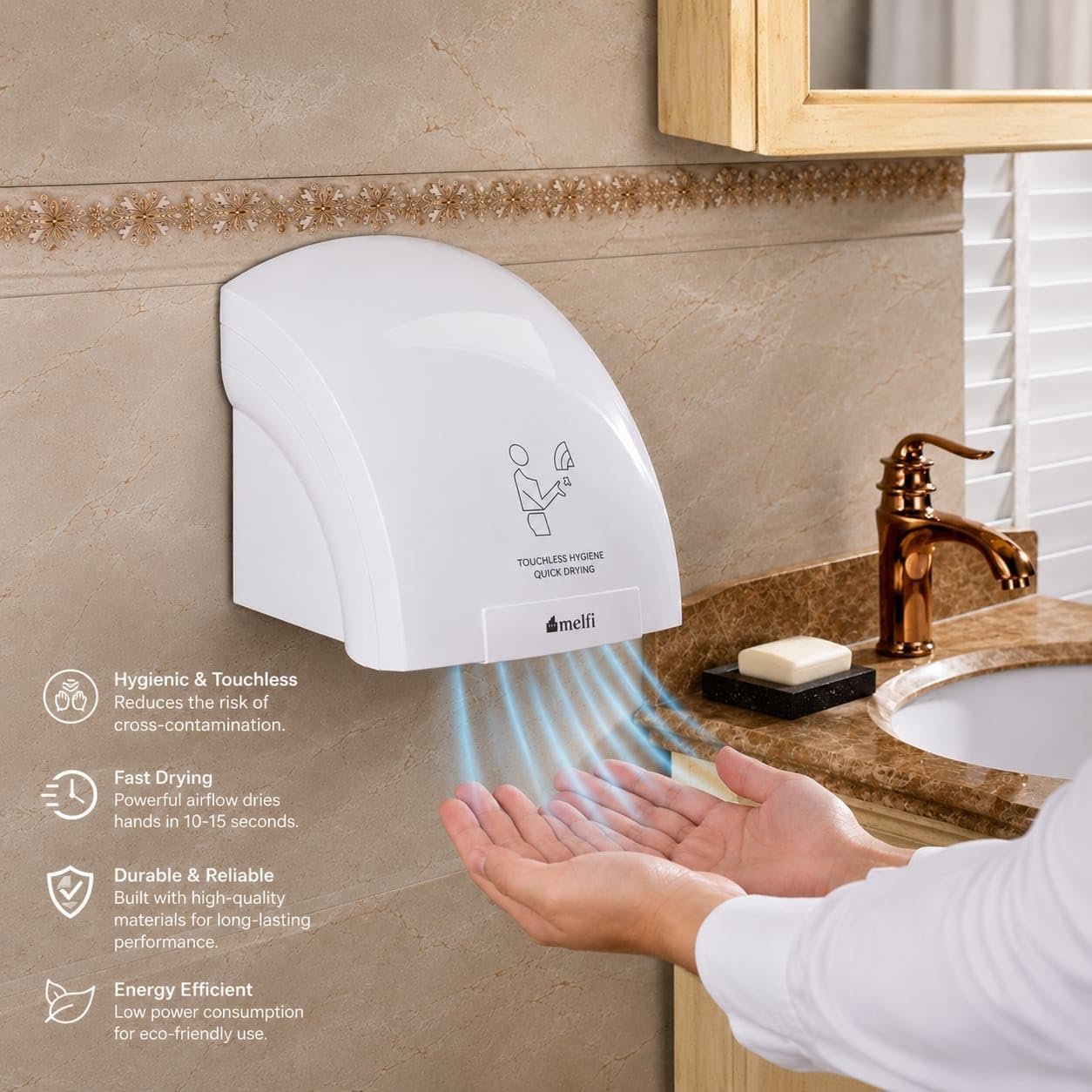 Melfi Automatic Hand Dryer 1800W, High-Speed Wall-Mounted Electric Hand Dryer with Constant Temperature Airflow, Touch-Free Sensor Dryer for Commercial Restrooms, Offices and Public Washrooms - Image 5