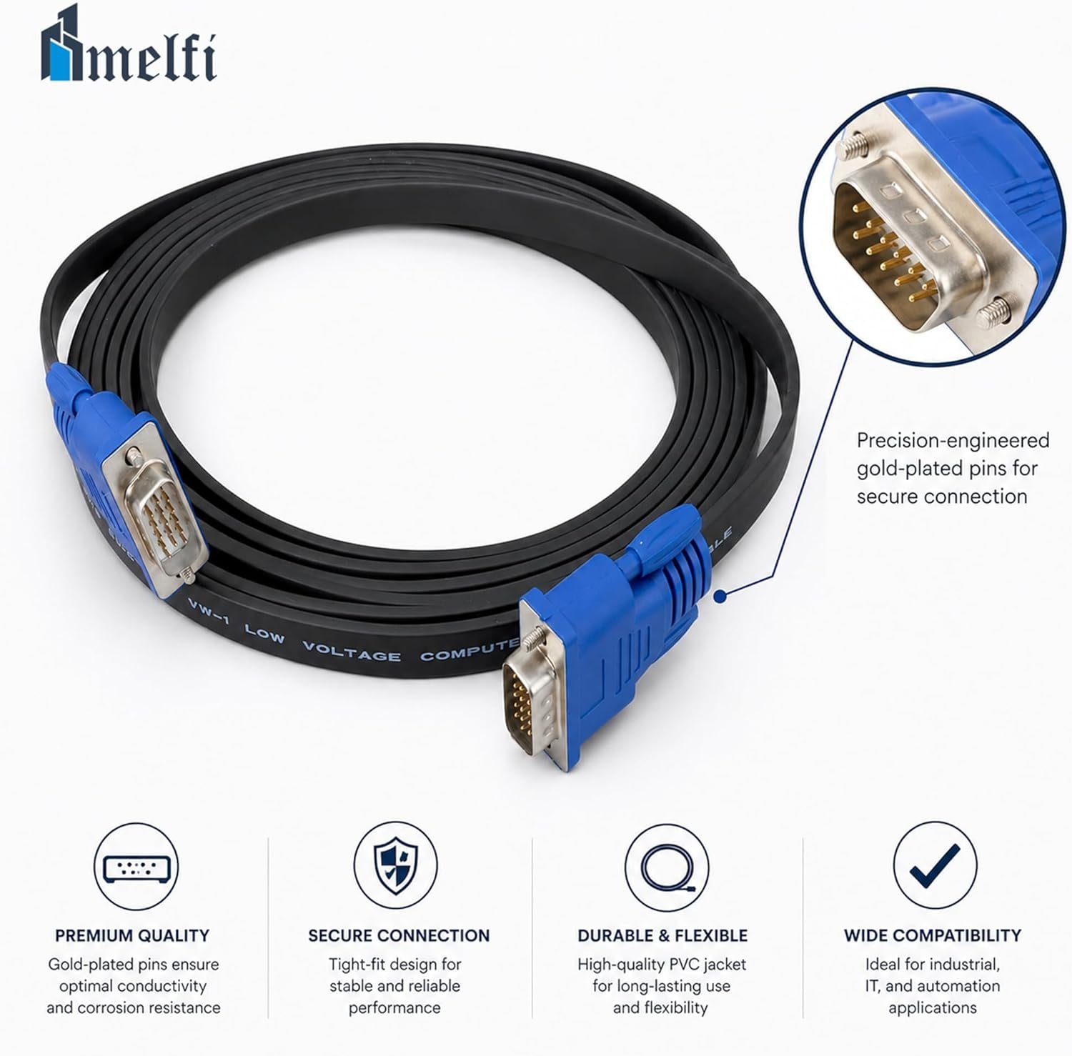 Melfi DB15 3+6 VGA Flat Cable Male to Male – Full HD 1080P Video Cable, Triple Shielded, High Purity Copper, Plug and Play VGA Cable for Monitor, Projector, PC and Laptop ( VGA) - Image 3