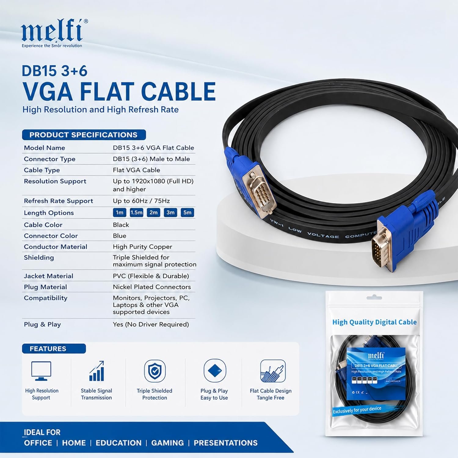 Melfi DB15 3+6 VGA Flat Cable Male to Male – Full HD 1080P Video Cable, Triple Shielded, High Purity Copper, Plug and Play VGA Cable for Monitor, Projector, PC and Laptop ( VGA) - Image 2