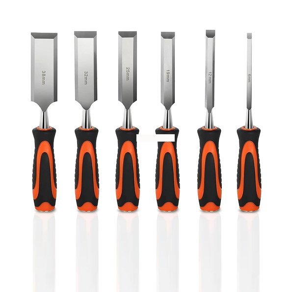 Poaker 6-Piece Wood Chisel Set Premium Chrome Vanadium Steel Blades with Ergonomic Hardwood Handles for Precision Wood Carving Includes Sizes 6, 12, 18, 24,32 and 38mm Flat Chisels with Protective