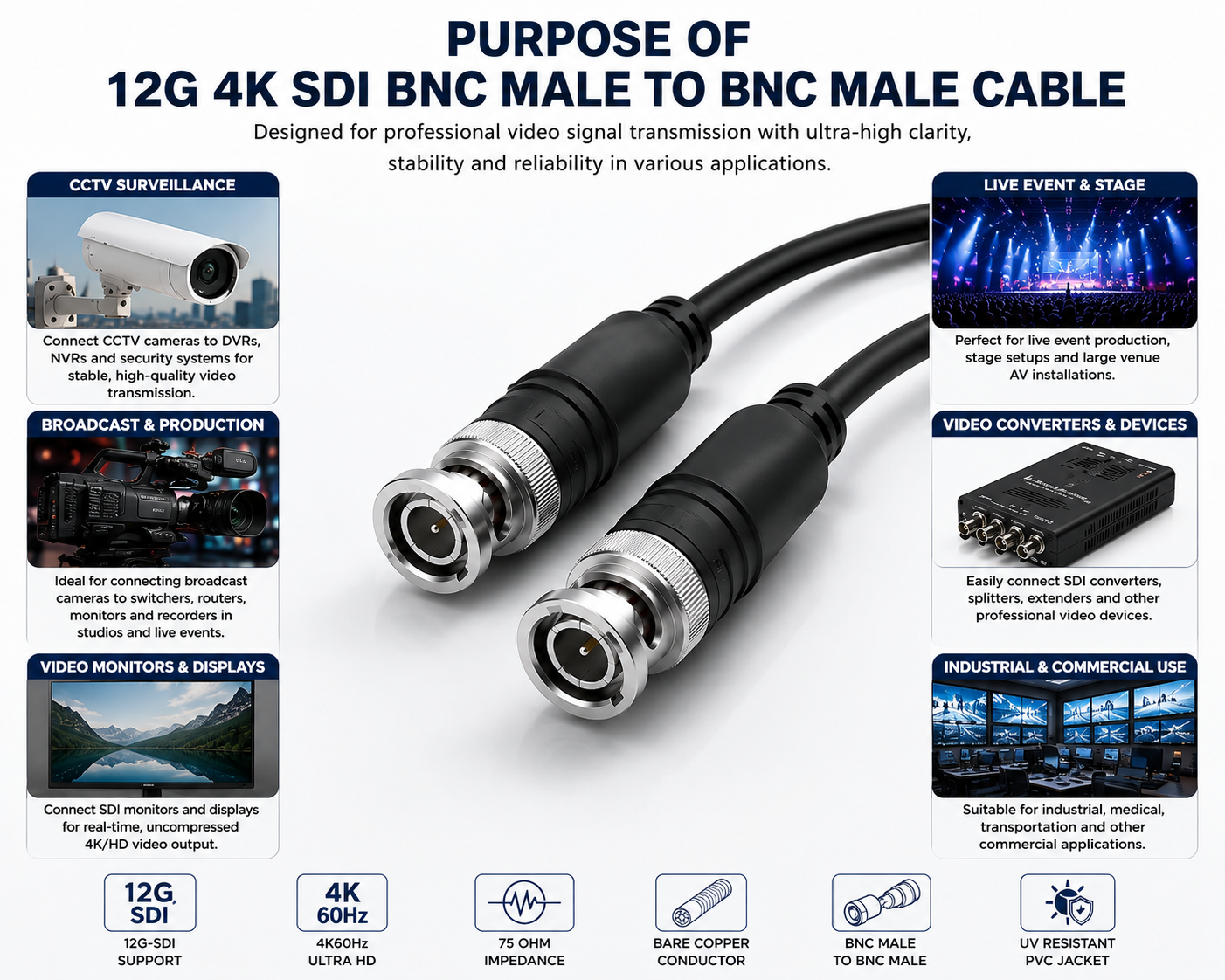 Melfi 12G 4K SDI BNC Male to BNC Male Cable RG59 75 Ohm Coaxial Video Cable, Bare Copper, 4K60Hz Support, UV Resistant PVC, CCTV and Multi Use (5 - Meter) - Image 3