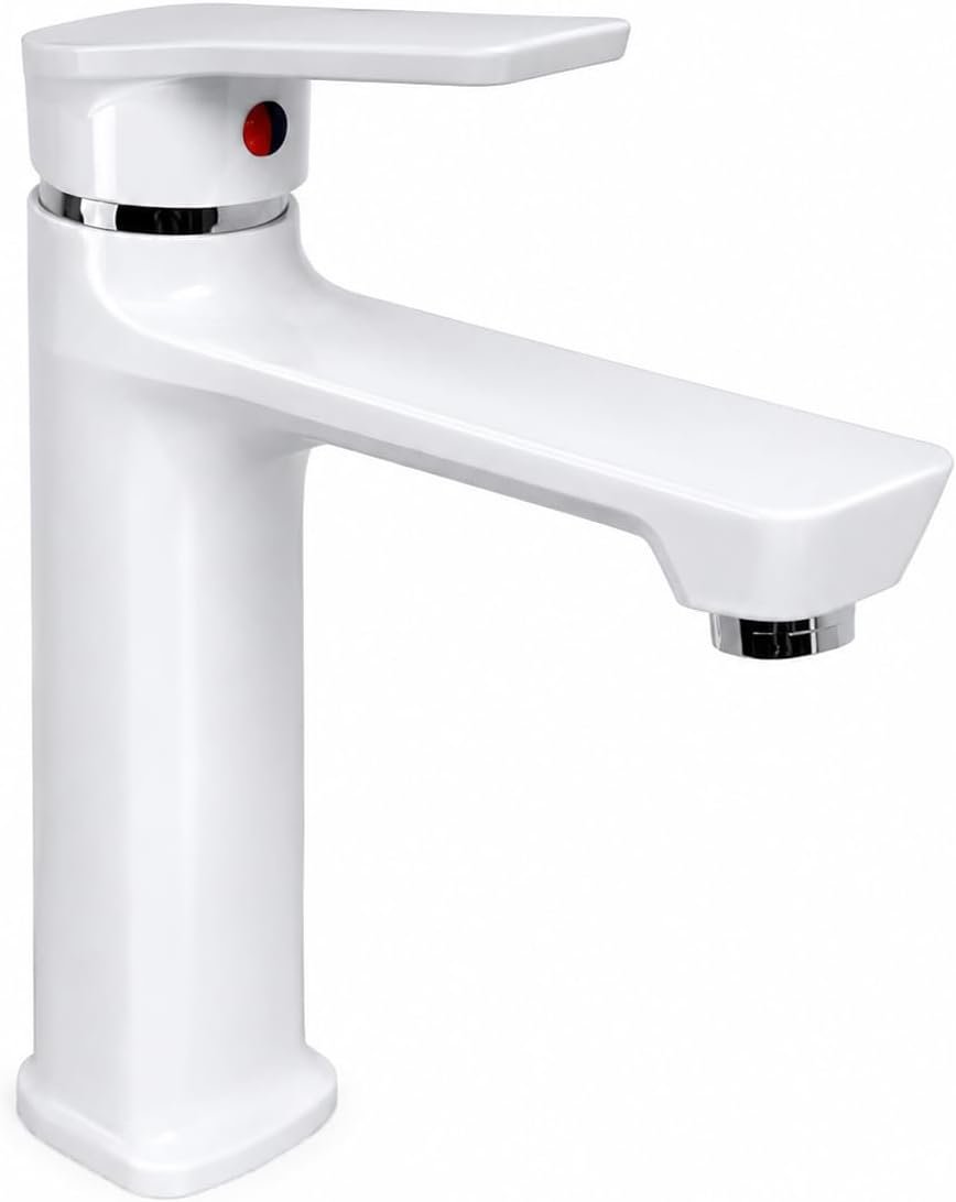 Biella White Bathroom Basin Mixer Tap Single Lever Hot and Cold Wash Basin Faucet Brass Vanity Sink Mixer with Glossy White Finish - Image 4