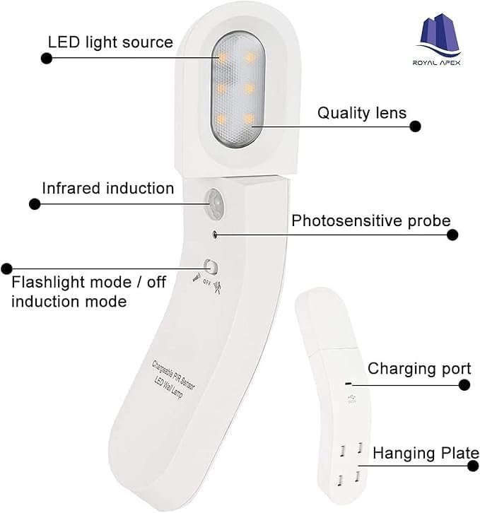 Royal Apex Motion Sensor Night Light, USB Rechargeable LED Rotatable Lamp, Cordless Handheld Flashlight, Stick-Anywhere Wall Light for Bedroom, Stairs, Hallway (1PCS) - Image 5