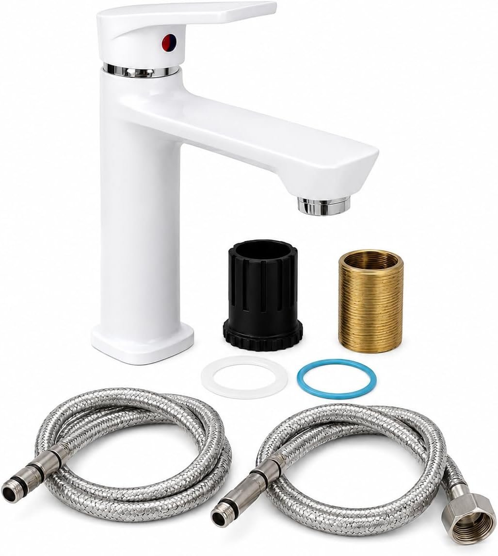 Biella White Bathroom Basin Mixer Tap Single Lever Hot and Cold Wash Basin Faucet Brass Vanity Sink Mixer with Glossy White Finish - Image 3