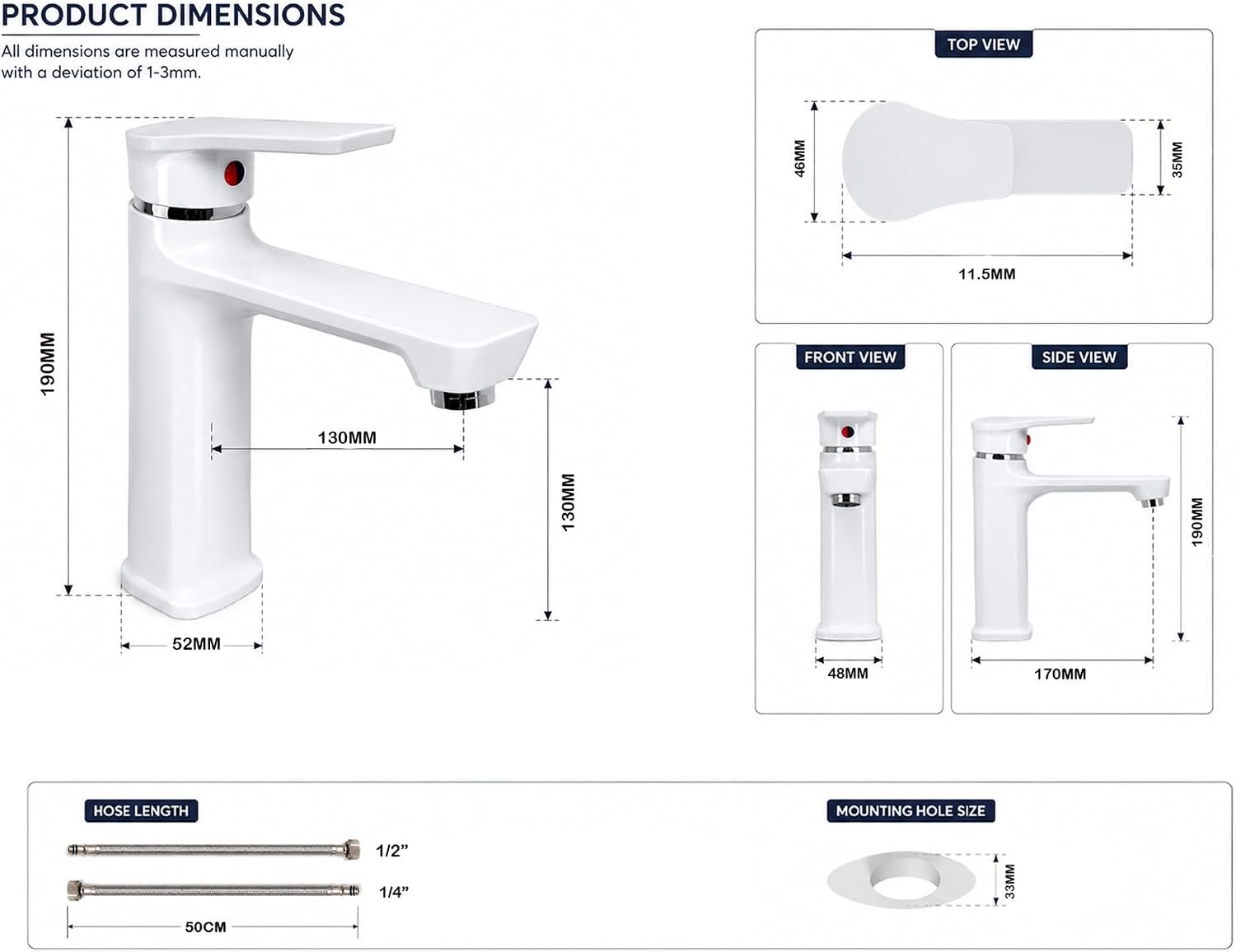 Biella White Bathroom Basin Mixer Tap Single Lever Hot and Cold Wash Basin Faucet Brass Vanity Sink Mixer with Glossy White Finish - Image 2