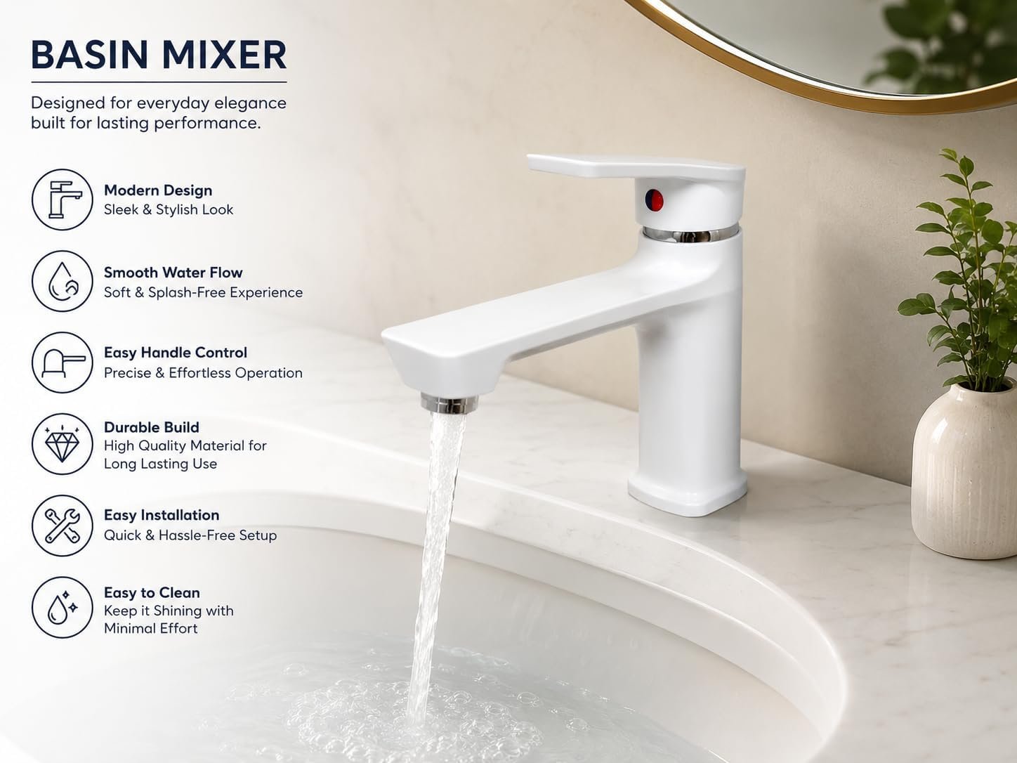 Biella White Bathroom Basin Mixer Tap Single Lever Hot and Cold Wash Basin Faucet Brass Vanity Sink Mixer with Glossy White Finish - Image 6