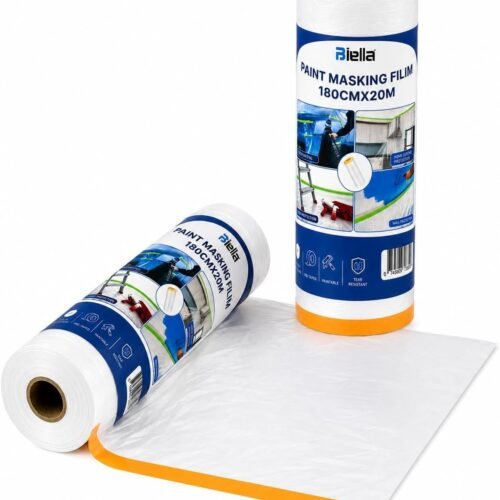 Biella Paint Masking Film 180CM x 20M Pre-Taped Protective Plastic Film with Adhesive Masking Tape for Painting Wall Furniture Floor and Window Protection