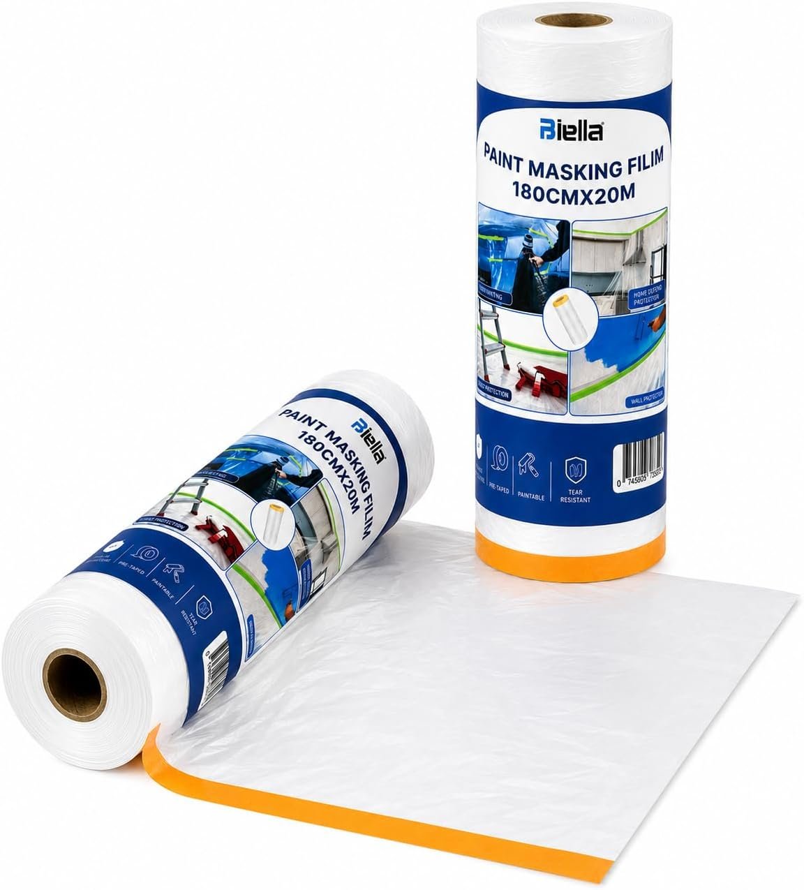 Biella Paint Masking Film 180CM x 20M Pre-Taped Protective Plastic Film with Adhesive Masking Tape for Painting Wall Furniture Floor and Window Protection