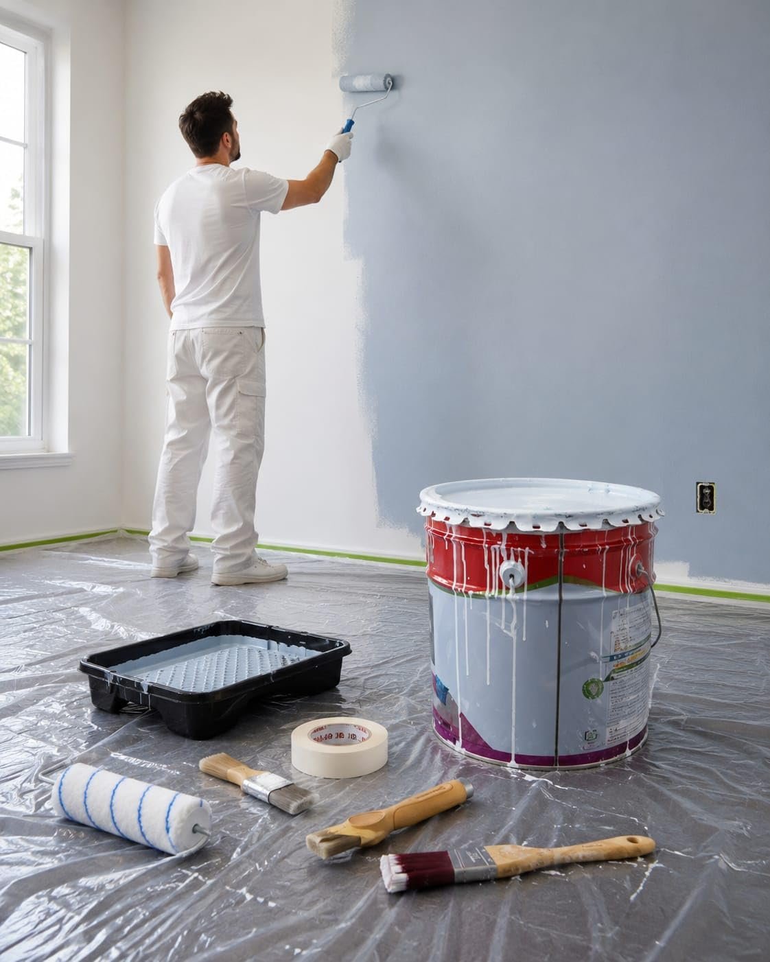 Biella Paint Masking Film 180CM x 20M Pre-Taped Protective Plastic Film with Adhesive Masking Tape for Painting Wall Furniture Floor and Window Protection - Image 2